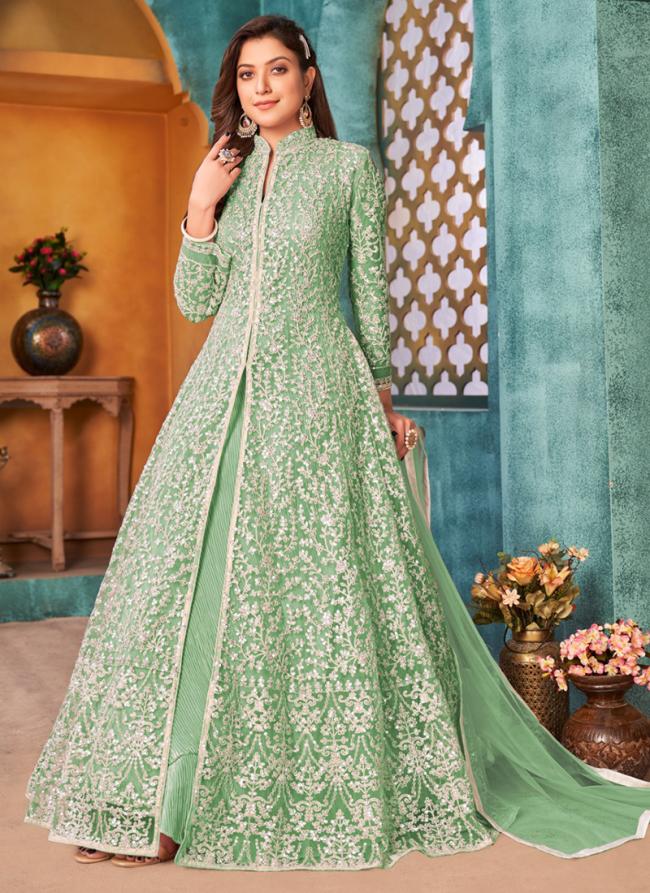 Net Green Wedding Wear Sequins Work Anarkali Suit